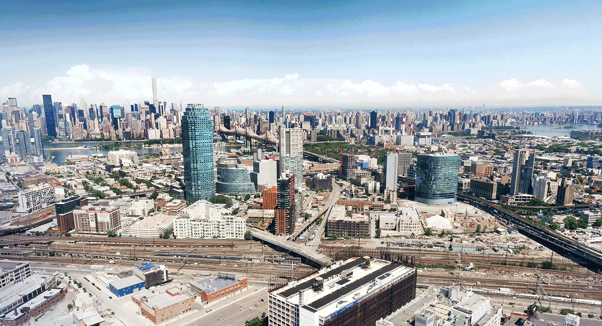 Queens rooftops and rail yards seen from above